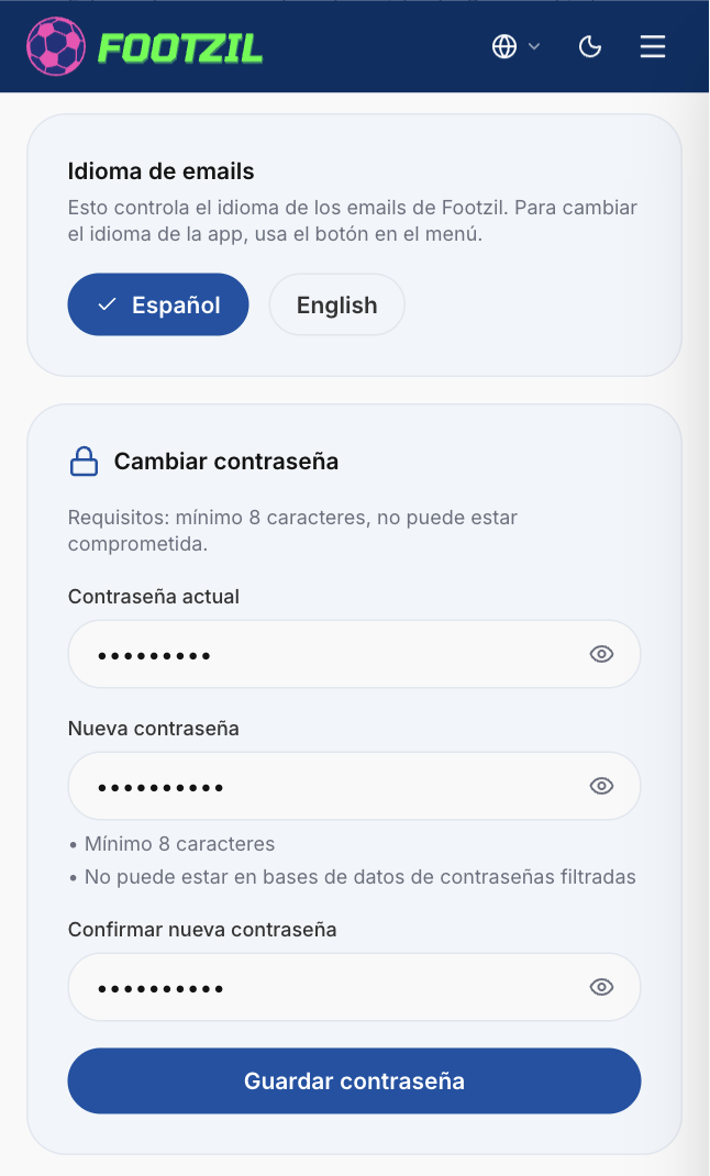 Formulario para cambiar contraseña.