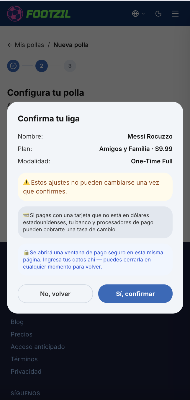 Confirmación de detalles de la liga.