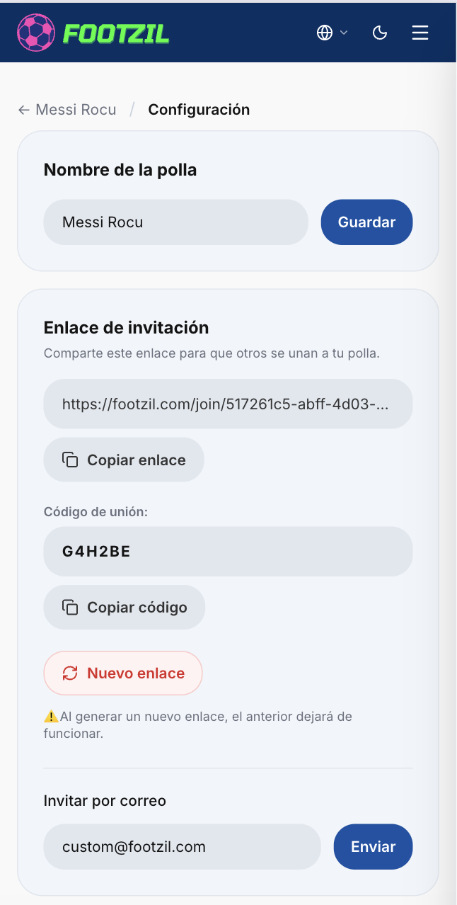 Configuración de liga vista por el administrador.