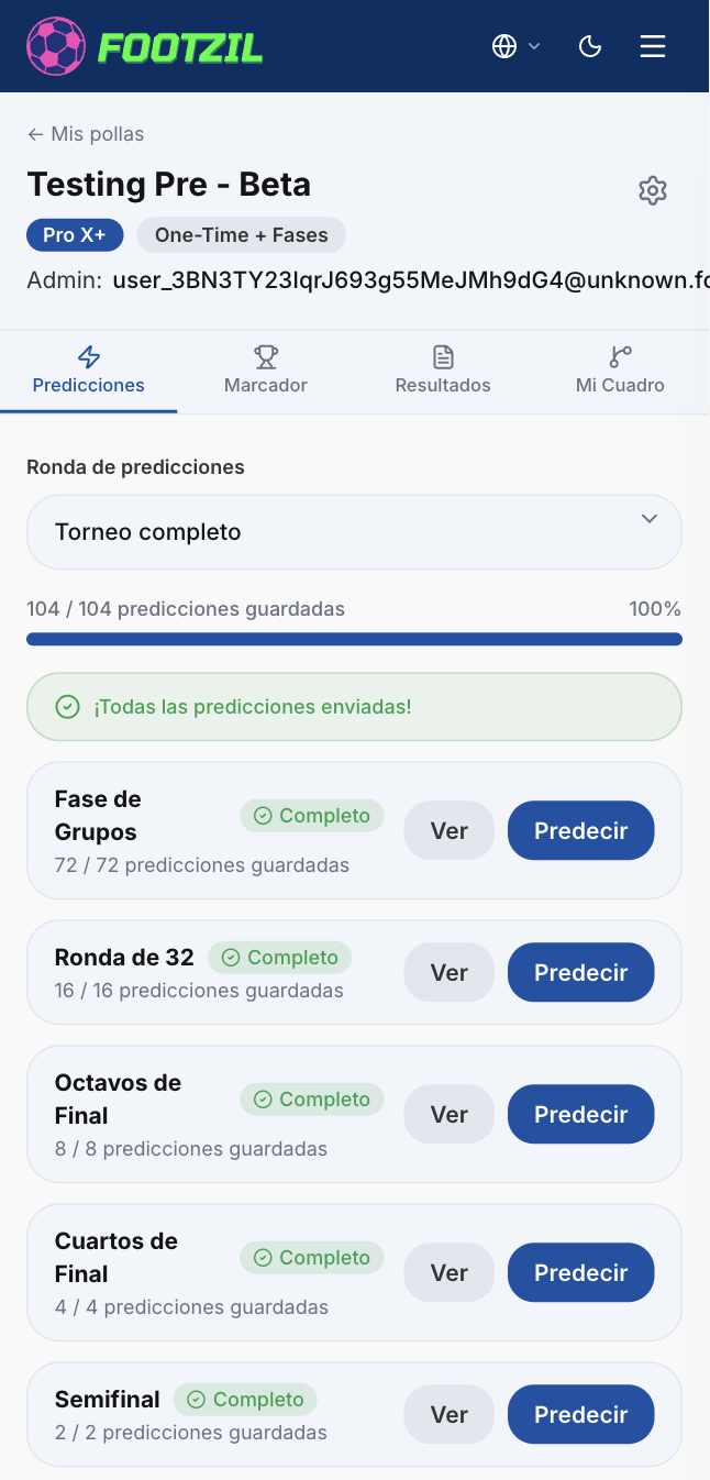 Contador de predicciones y partidos pendientes resaltados en amarillo.