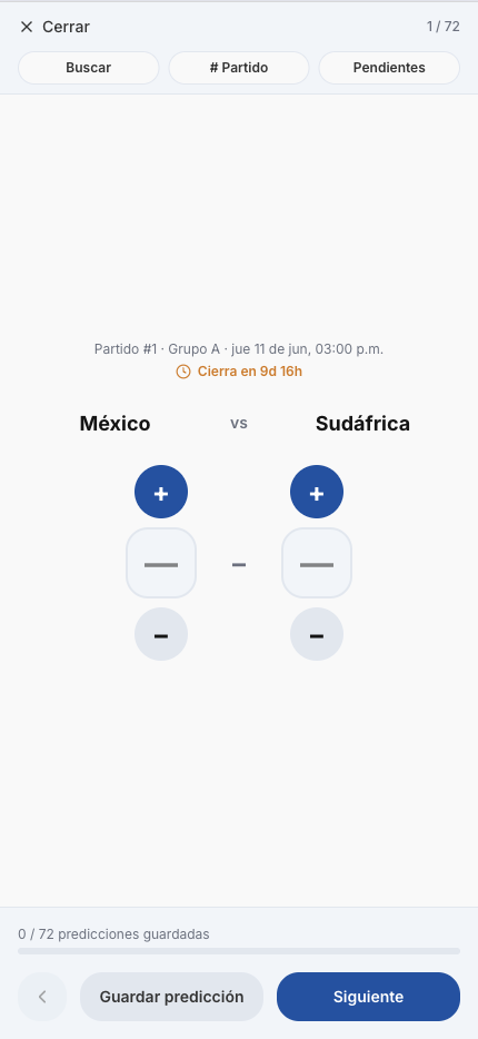 Predicción partido por partido — pantalla inicial.