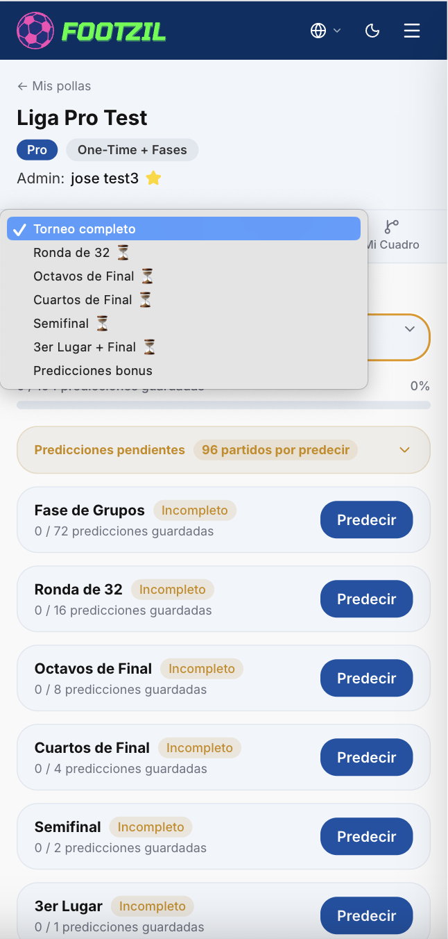 Selector de ronda en modo One-Time++ mostrando las fases disponibles.