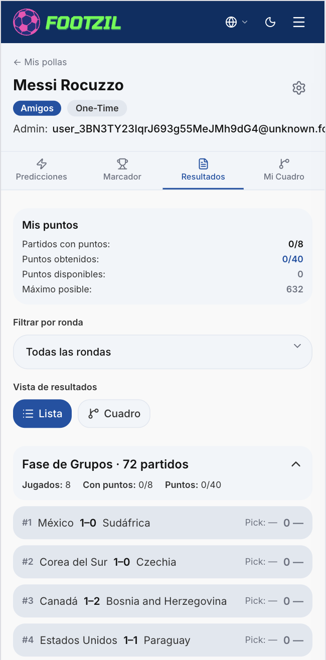 Vista de lista de Resultados.